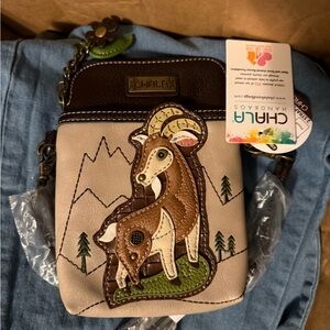 Chala Beige and Brown Crossbody Bag with Mountain Goat Design